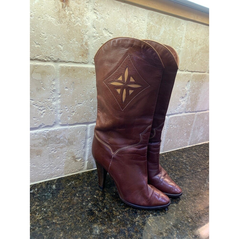 Caressa 70’s Vintage Heeled Boots Brown Leather 7.5 Narrow - Picture 3 of 10